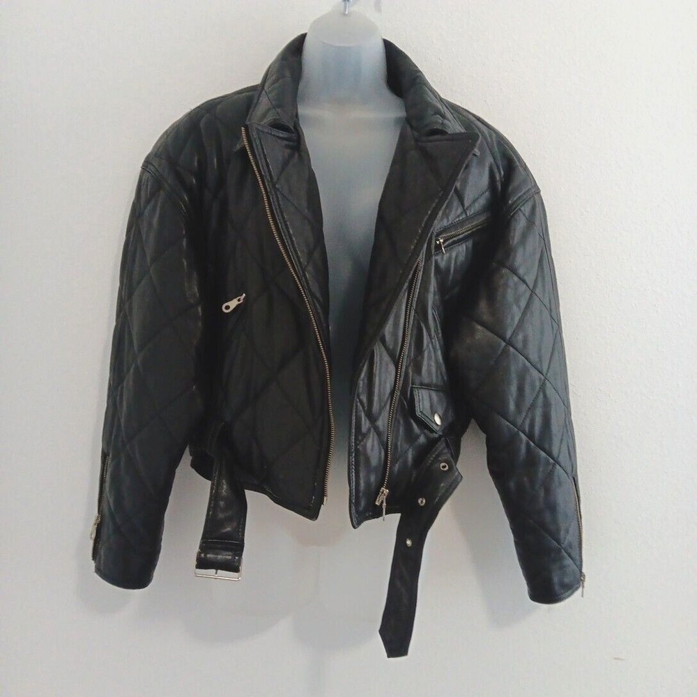 Green Field Leather Jacket Womens Medium MOTO Black Belted Motorcycle Grunge VTG - Picture 5 of 13
